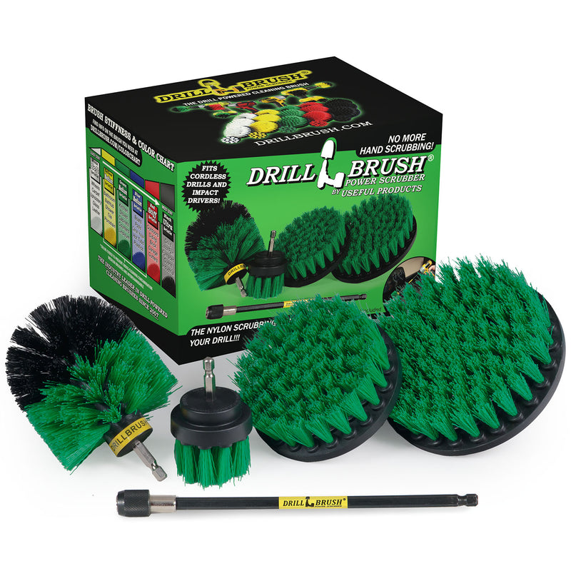 The Drillbrush 542O-7X Green Medium Kitchen Brush Kit in front of the box it comes in.