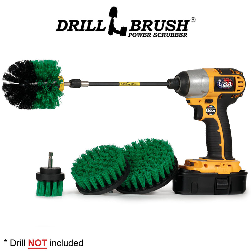Drillbrush 542O-7X Medium Green Kitchen Brush Kit with an Original brush in a 7 inch extension in a cordless drill.