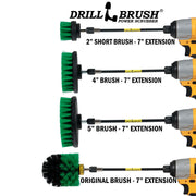 Images of the Drillbrush 2 inch Short, 4 inch, 5 inch, and Original Medium Green Kitchen Brushes in 7 inch extensions in cordless drills.