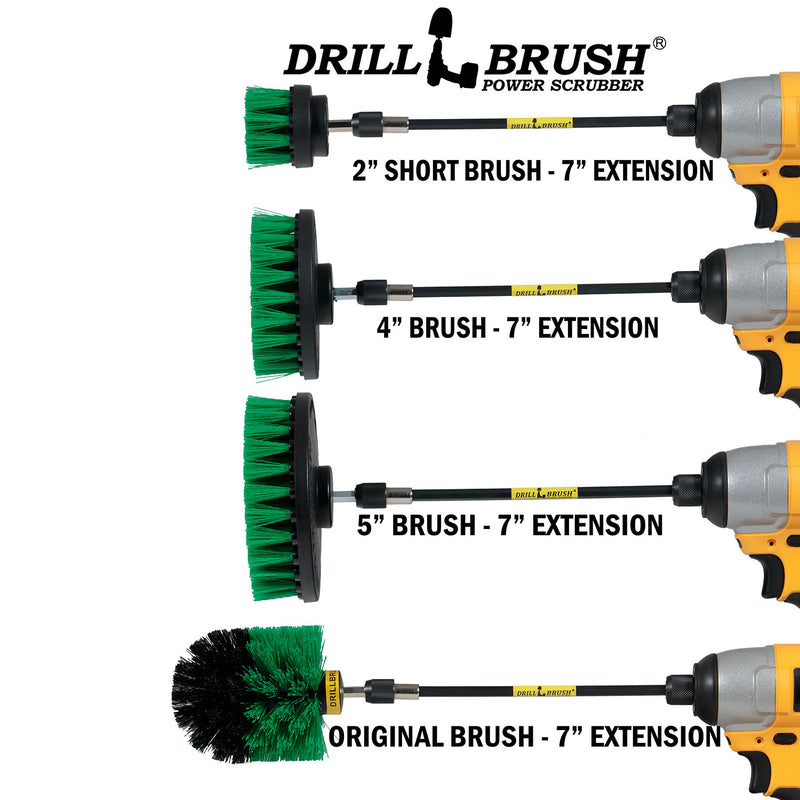 Images of the Drillbrush 2 inch Short, 4 inch, 5 inch, and Original Medium Green Kitchen Brushes in 7 inch extensions in cordless drills.