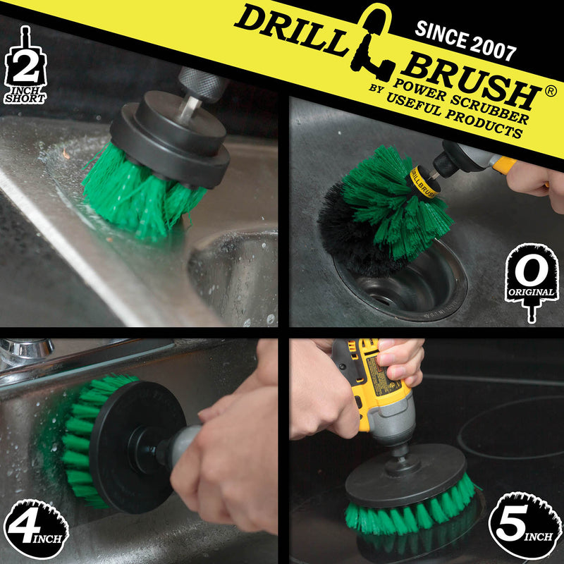 Action shots of a Medium Green Original brush cleaning the drain of a sink, a Medium Green 2 inch Short Drillbrush cleaning around a sink, a Medium Green 5 inch Drillbrush cleaning a stovetop, and a Medium Green 4 inch Drillbrush cleaning the side of a sink.
