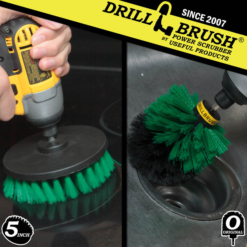 Action shots of a Medium Green Original brush cleaning around a sink drain and a Medium Green 5 inch Drillbrush cleaning an electric stovetop.