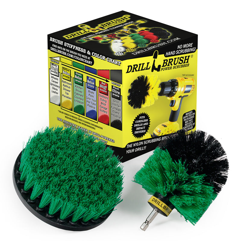 Drillbrush Medium Green 5O Kitchen Brush Kit in front of the box it comes in.