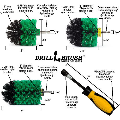 Jumbo, Original, and Mini Brushes w/ Handle Kit - Medium Green Bristles - Kitchen Cleaning | G-S-JOM-HD-QC-DB