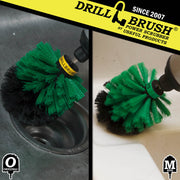 Action shots of a Medium Green Original brush cleaning a sink drain and a Medium Green Mini Drillbrush cleaning around a sink.