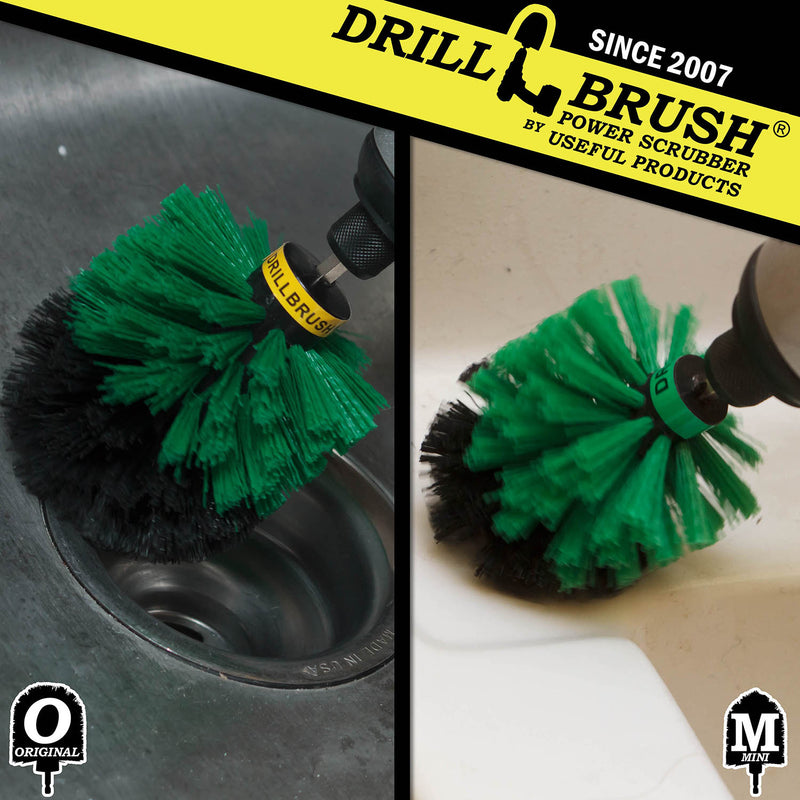 Action shots of a Medium Green Original brush cleaning a sink drain and a Medium Green Mini Drillbrush cleaning around a sink.