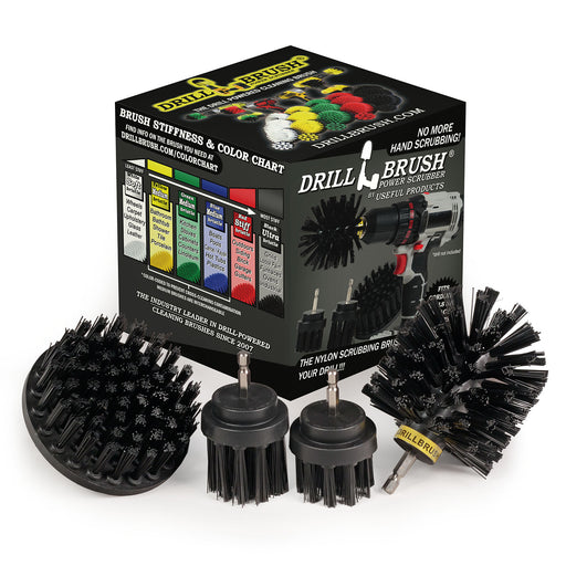 The Drillbrush 42OS-2L Ultra Stiff Black Grill & Industrial Brush Kit in front of the box it comes in.