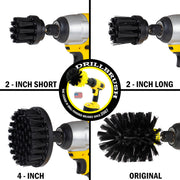 Images of the Drillbrush 2 inch Short, 2 inch Long, 4 inch, and Original Ultra Stiff Black Grill & Industrial Brushes in cordless drills.