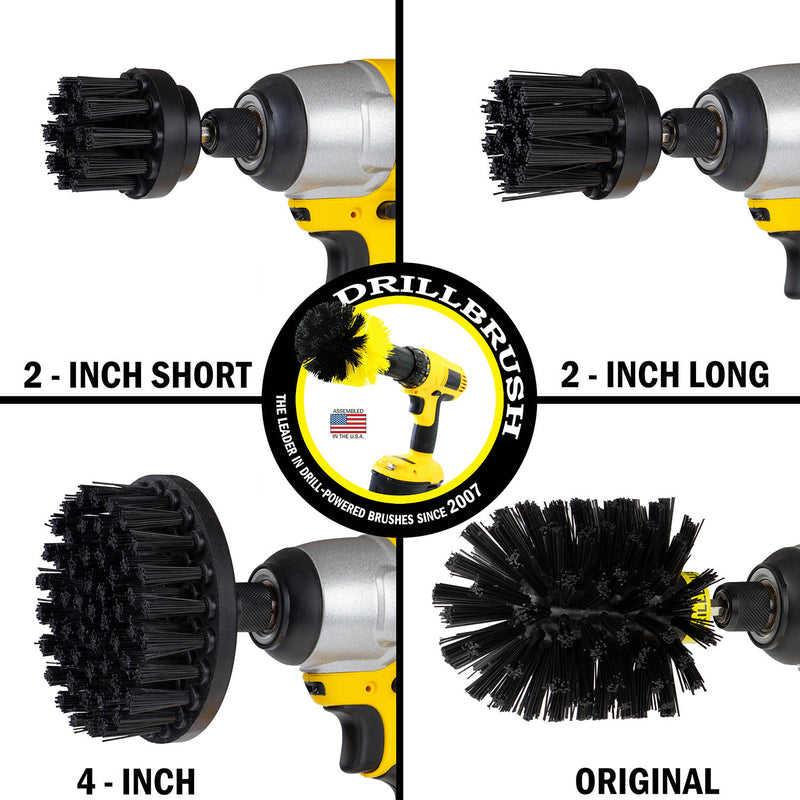 Images of the Drillbrush 2 inch Short, 2 inch Long, 4 inch, and Original Ultra Stiff Black Grill & Industrial Brushes in cordless drills.