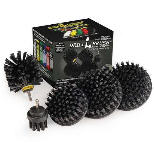 The Drillbrush 5542O Ultra Stiff Black Grill & Industrial Brush Kit in front of the box it comes in.