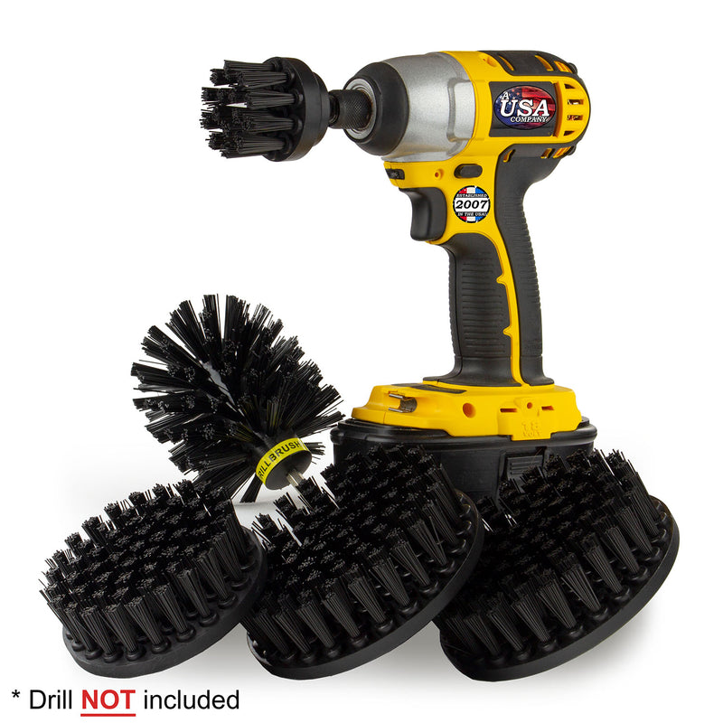 Drillbrush 5542O Ultra Stiff Black Grill & Industrial Brush Kit with a 2 inch Short brush in a cordless drill.