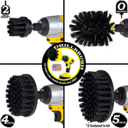 Images of the Drillbrush 2 inch Short, 4 inch, 5 inch, and Original Ultra Stiff Black Grill & Industrial Brushes in cordless drills.