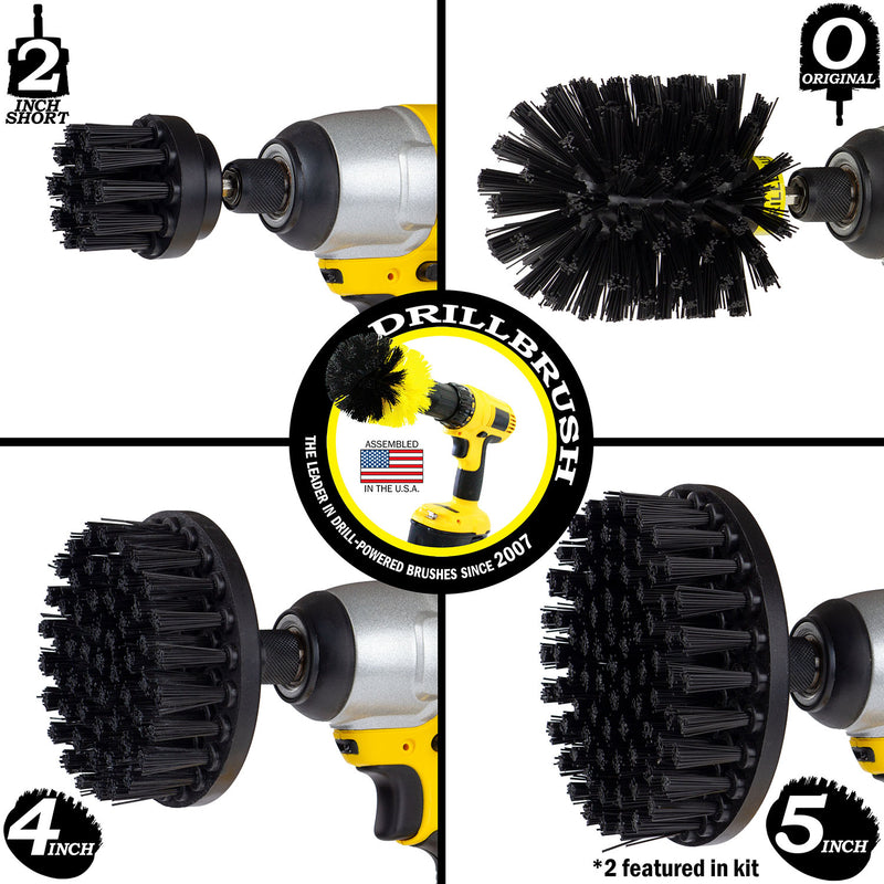 Images of the Drillbrush 2 inch Short, 4 inch, 5 inch, and Original Ultra Stiff Black Grill & Industrial Brushes in cordless drills.