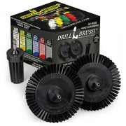 2 Drillbrush Ultra Stiff Black Grill and Industrial Edge brushes and an Ultra Stiff Black 1 inch Long brush in front of their packaging.