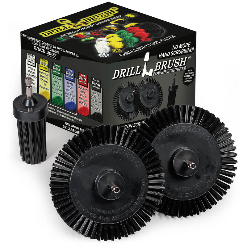 2 Drillbrush Ultra Stiff Black Grill and Industrial Edge brushes and an Ultra Stiff Black 1 inch Long brush in front of their packaging.