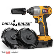 2 Drillbrush Ultra Stiff Black Grill and Industrial Edge brushes and an Ultra Stiff Black 1 inch Long brush in front of a cordless drill.