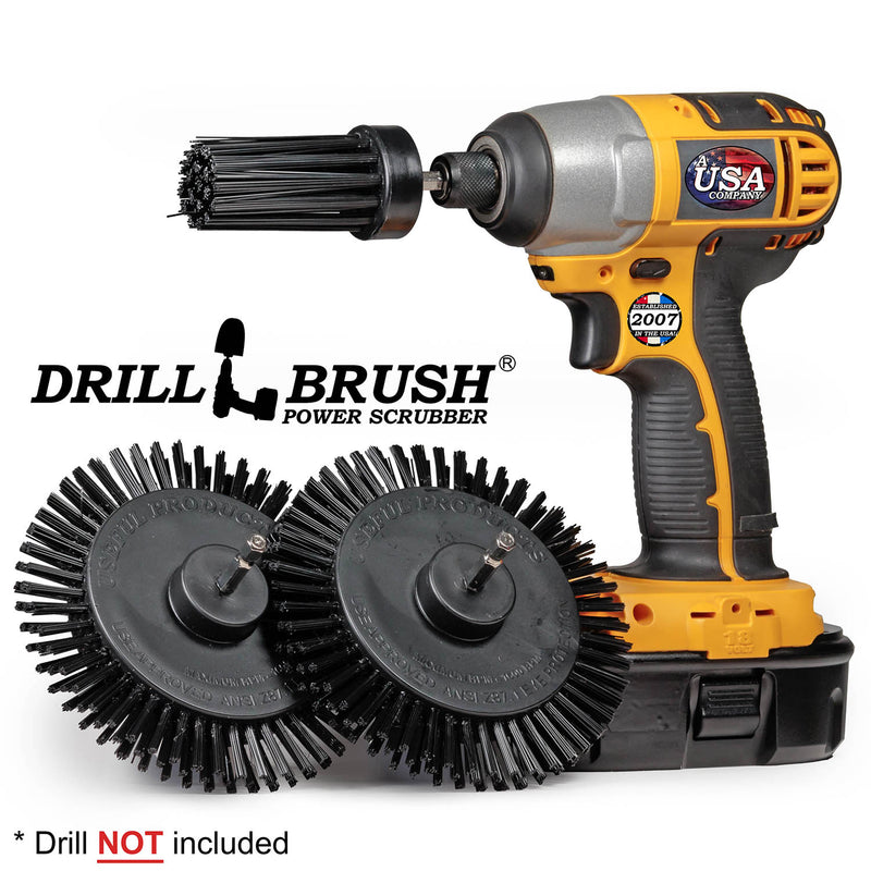 2 Drillbrush Ultra Stiff Black Grill and Industrial Edge brushes and an Ultra Stiff Black 1 inch Long brush in front of a cordless drill.
