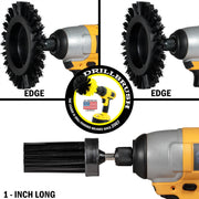 2 Drillbrush Ultra Stiff Black Grill and Industrial Edge brushes and an Ultra Stiff Black 1 inch Long brush in cordless drills.