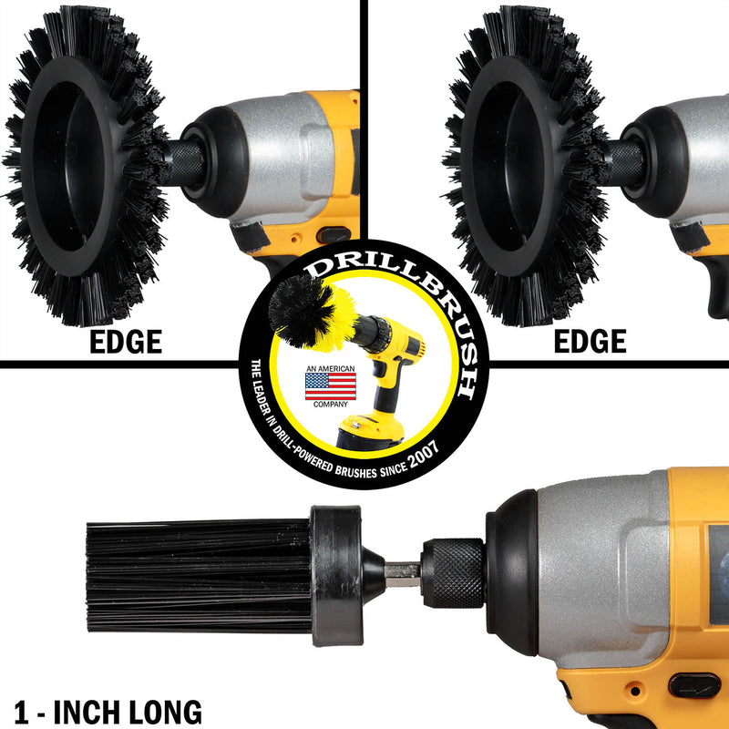 2 Drillbrush Ultra Stiff Black Grill and Industrial Edge brushes and an Ultra Stiff Black 1 inch Long brush in cordless drills.