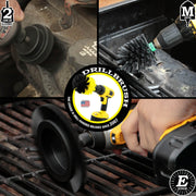 Action shots of an Ultra Stiff Black Mini brush cleaning grill grates, an Ultra Stiff Edge Drillbrush cleaning grill grates, , and an Ultra Stiff Black 2 inch Long Drillbrush cleaning an engine block.
