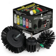 The Drillbrush EMS-2L Ultra Stiff Black Grill & Industrial Brush Kit in front of the box it comes in.
