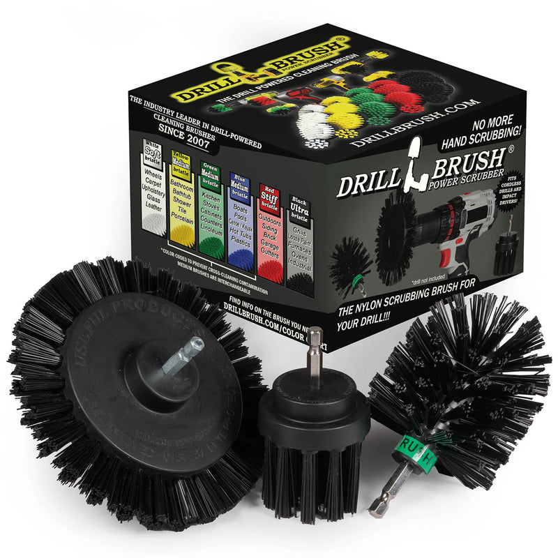 The Drillbrush EMS-2L Ultra Stiff Black Grill & Industrial Brush Kit in front of the box it comes in.