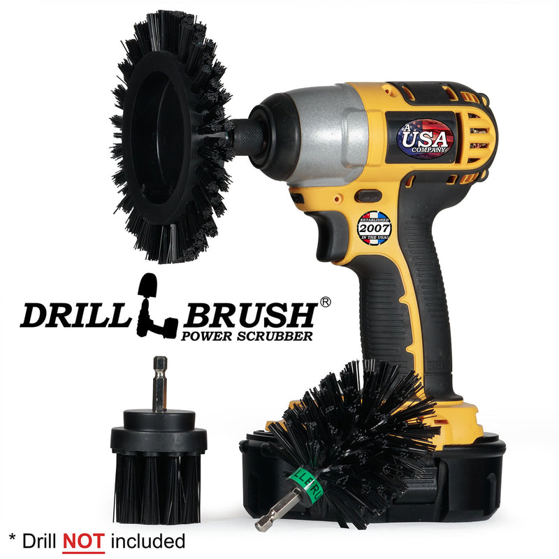 Drillbrush EMS-2L Ultra Stiff Black Grill & Industrial Brush Kit with an Edge brush in a cordless drill.