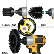 Images of the Drillbrush 2 inch Long, Edge, and Mini Ultra Stiff Black Grill & Industrial Brushes in cordless drills.