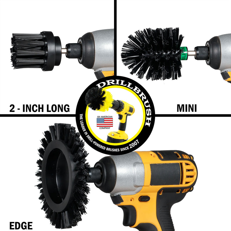 Images of the Drillbrush 2 inch Long, Edge, and Mini Ultra Stiff Black Grill & Industrial Brushes in cordless drills.