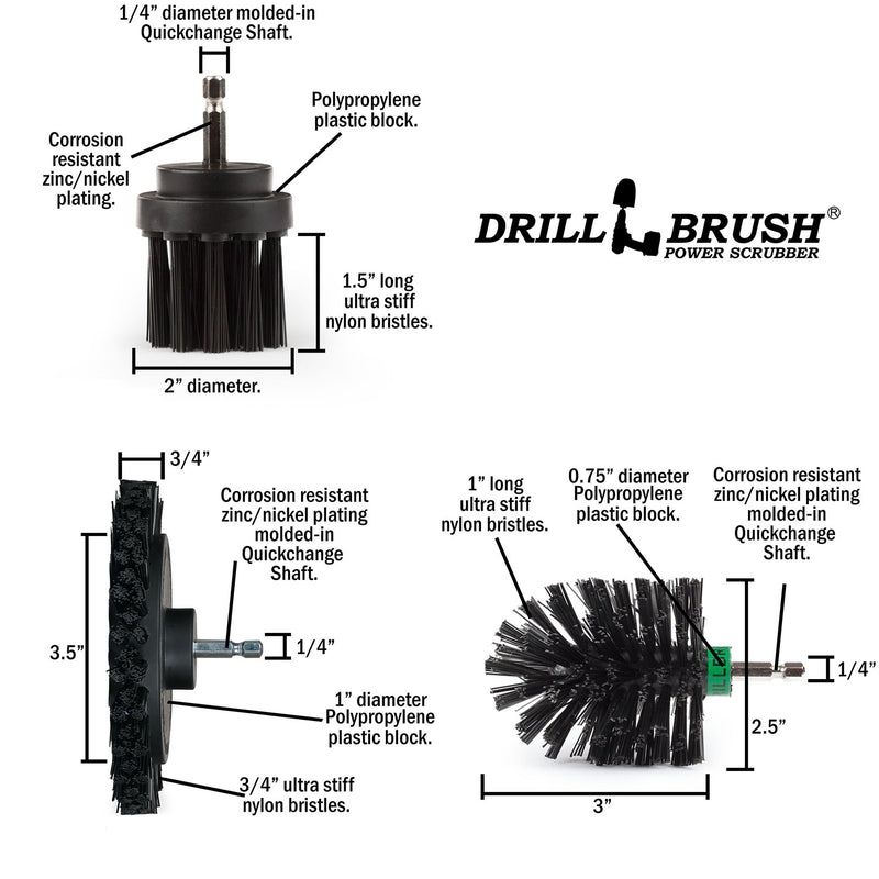 Specs for the Drillbrush EMS-2L Ultra Stiff Black Grill & Industrial Brush Kit.