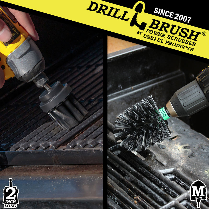 Action shots of an Ultra Stiff Black 2 inch Drillbrush cleaning an engine block and an Ultra Stiff Black Mini Drillbrush cleaning a grill grate.