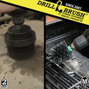 Action shots of an Ultra Stiff Black 2 inch Drillbrush cleaning an engine block and an Ultra Stiff Black Mini Drillbrush cleaning a grill grate.