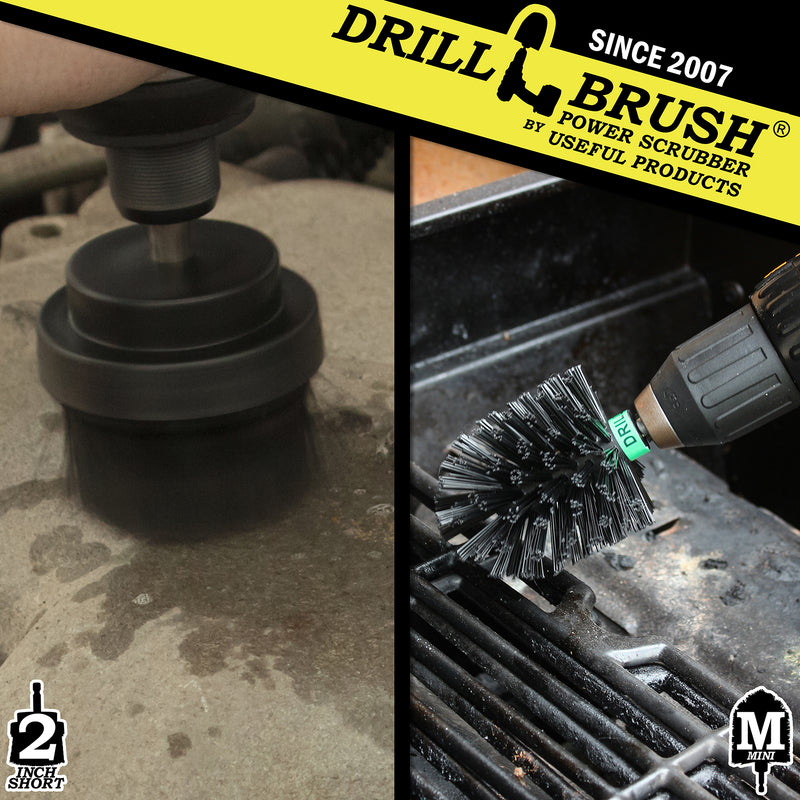 Action shots of an Ultra Stiff Black 2 inch Drillbrush cleaning an engine block and an Ultra Stiff Black Mini Drillbrush cleaning a grill grate.