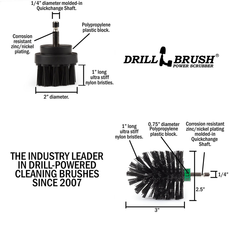 Specs for the Drillbrush 2M Ultra Stiff Black Grill & Industrial Brush Kit.