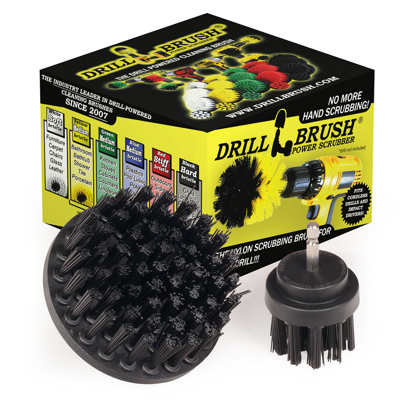 Drillbrush Ultra Stiff Black 4 inch and 2 inch Short brushes in front of their packaging. 