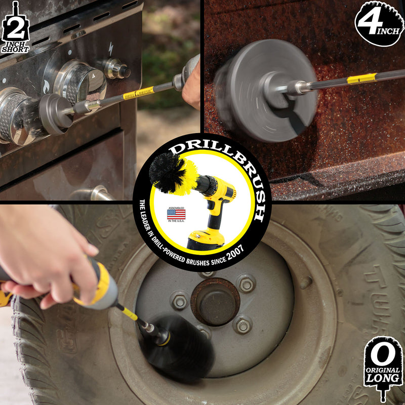 Action shots of an Ultra Stiff Black Original Jumbo brush in a 5 inch extension cleaning inside a riding lawnmower wheel, an Ultra Stiff Black 2 inch Short Drillbrush in a 5 inch extension cleaning knobs, and an Ultra Stiff Black 4 inch Drillbrush in a 5 inch extension cleaning a grill hood.