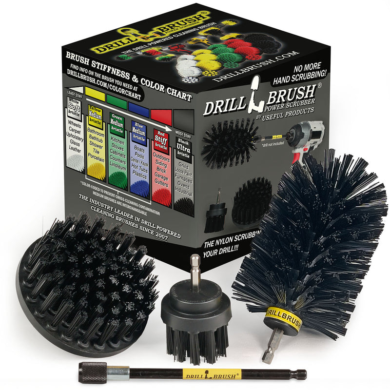 4in Flat Brush, 2in Short Brush, and Jumbo Original all in Ultra Stiff Black Plus 5" Extension - Wire Brush Replacement  | K-S-42J-5X-QC-DB