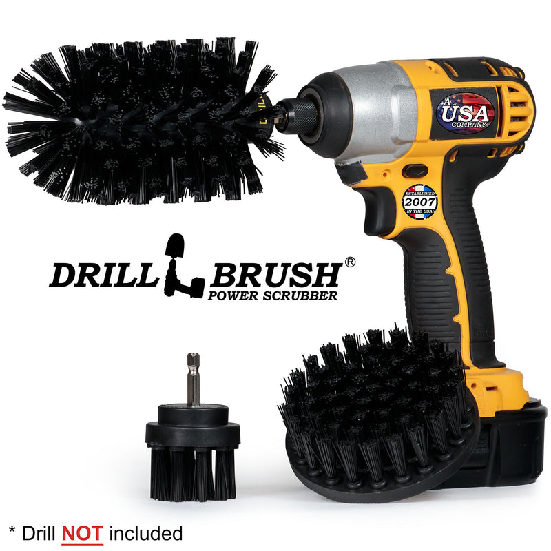 Drillbrush 42J Ultra Stiff Black Grill & Industrial Brush Kit with an Original Jumbo brush in a cordless drill.