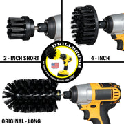 Images of the Drillbrush 2 inch Short, 4 inch, and Original Jumbo Ultra Stiff Black Grill & Industrial Brushes in cordless drills.