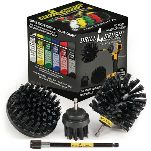 The Drillbrush 42O-5X Ultra Stiff Black Grill & Industrial Brush Kit in front of the box it comes in.