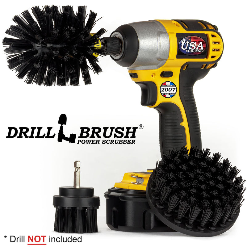 Drillbrush 42O Ultra Stiff Black Grill & Industrial Brush Kit with an Original brush in a cordless drill.