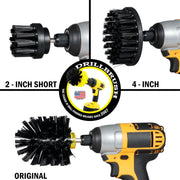 Images of the Drillbrush 2 inch Short, 4 inch, and Original Ultra Stiff Black Grill & Industrial Brushes in cordless drills.