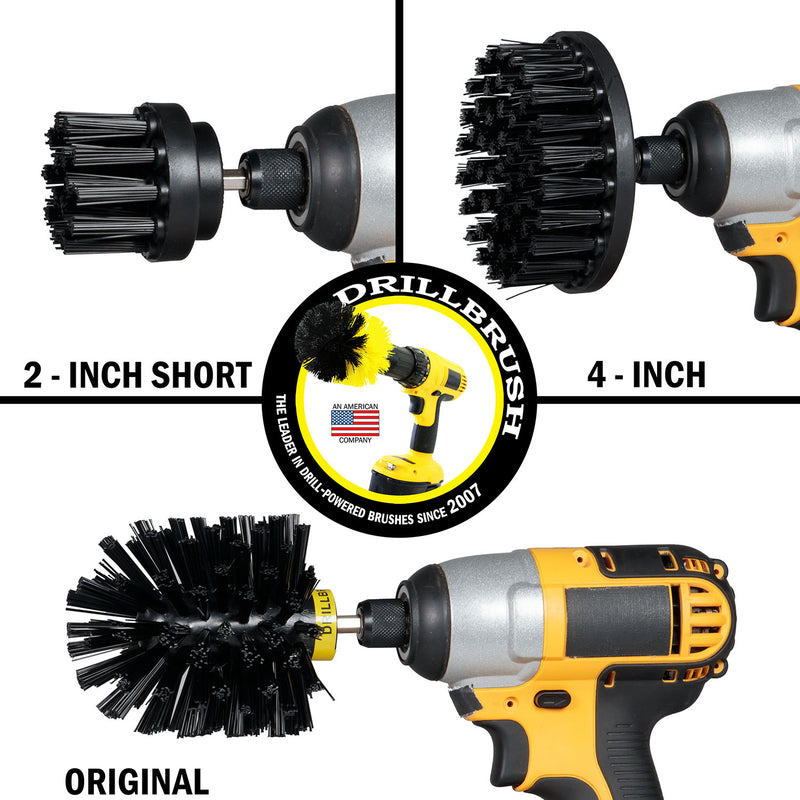 Images of the Drillbrush 2 inch Short, 4 inch, and Original Ultra Stiff Black Grill & Industrial Brushes in cordless drills.