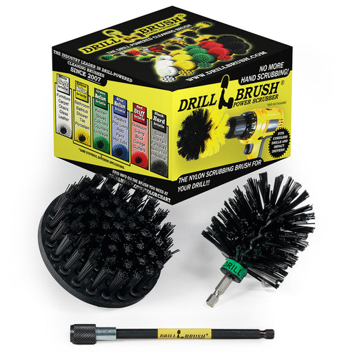 The Drillbrush 4M-5X Ultra Stiff Black Grill & Industrial Brush Kit in front of the box it comes in.