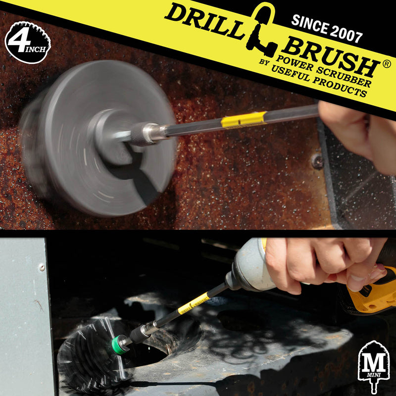 Action shots of an Ultra Stiff Black Mini Drillbrush in a 5 inch extension cleaning inside a grill cabinet and an Ultra Stiff 4 inch Drillbrush in a 5 inch extension cleaning a grill hood.