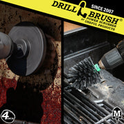 Action shots of an Ultra Stiff Black Mini Drillbrush cleaning grill grates and an Ultra Stiff 4 inch Drillbrush cleaning a burner shield.