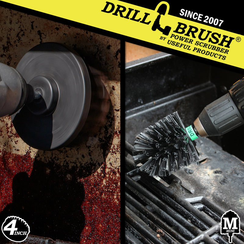 Action shots of an Ultra Stiff Black Mini Drillbrush cleaning grill grates and an Ultra Stiff 4 inch Drillbrush cleaning a burner shield.