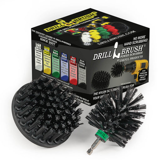 The Drillbrush 4M Ultra Stiff Black Grill & Industrial Brush Kit in front of the box it comes in.