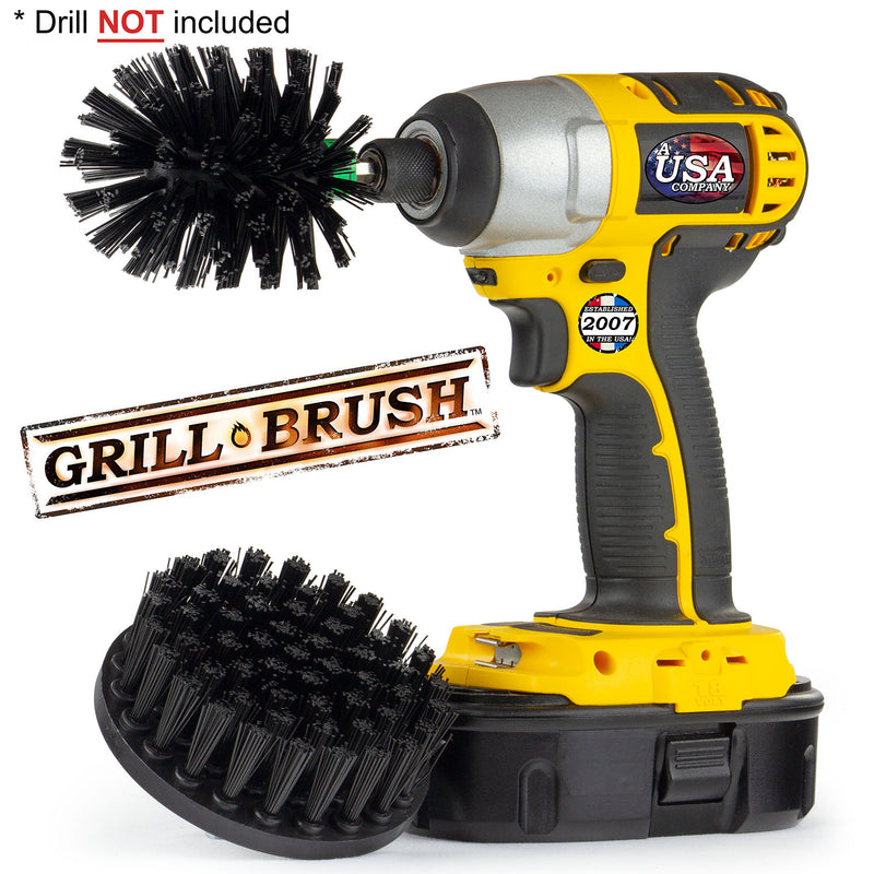 Drillbrush 4M Ultra Stiff Black Grill & Industrial Brush Kit with a Mini brush in a cordless drill.