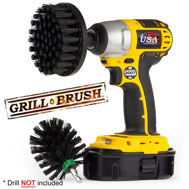 Drillbrush 4M Ultra Stiff Black Grill & Industrial Brush Kit with a 4 inch brush in a cordless drill.